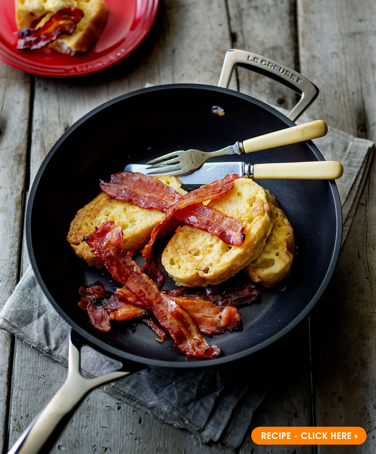 Le Creuset Recipe for Maple Glazed Bacon and French Toats in TNS Frying Pan