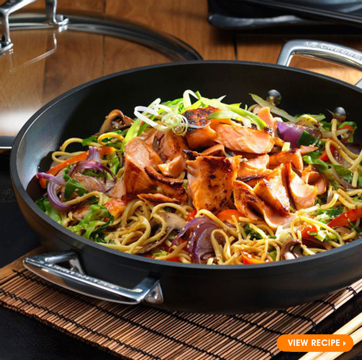 Seared Teriyaki Salmon with Stir Fried Vegetables and Noodles | Le Creuset  Recipes