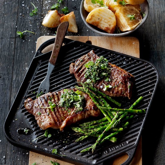 Chargrilled Steak with a fresh herb salsa, roast potatoes 