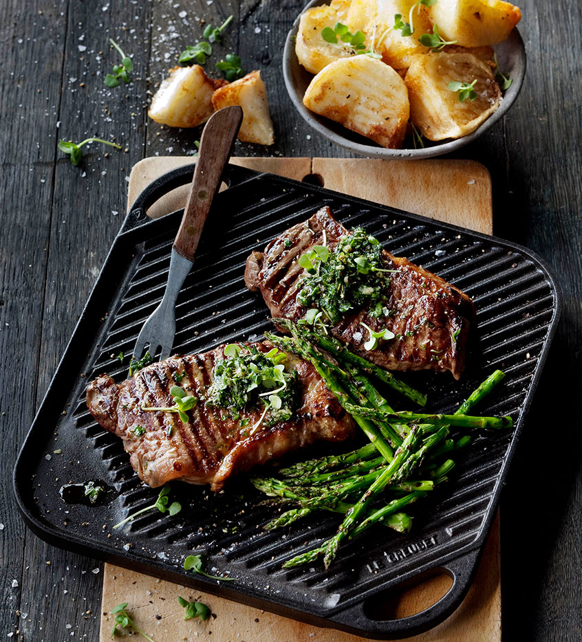 Chargrilled Steak with a fresh herb salsa, roast potatoes