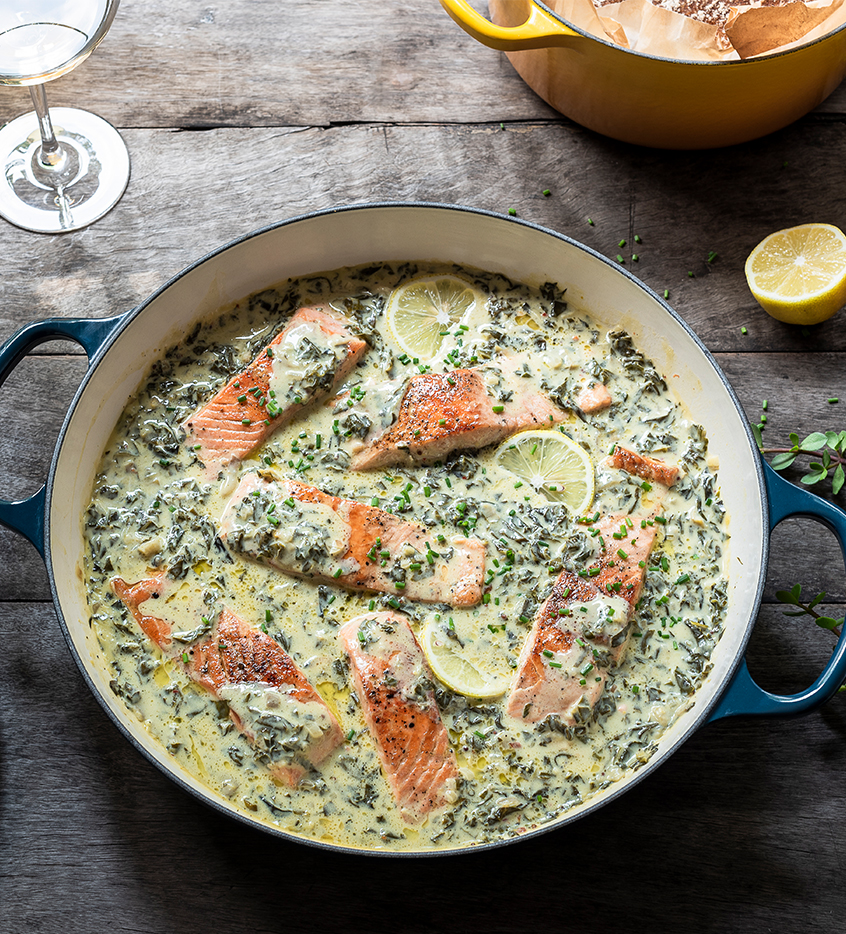 Salmon with Artichoke and Spinach Cream Sauce - Le Creuset Recipes
